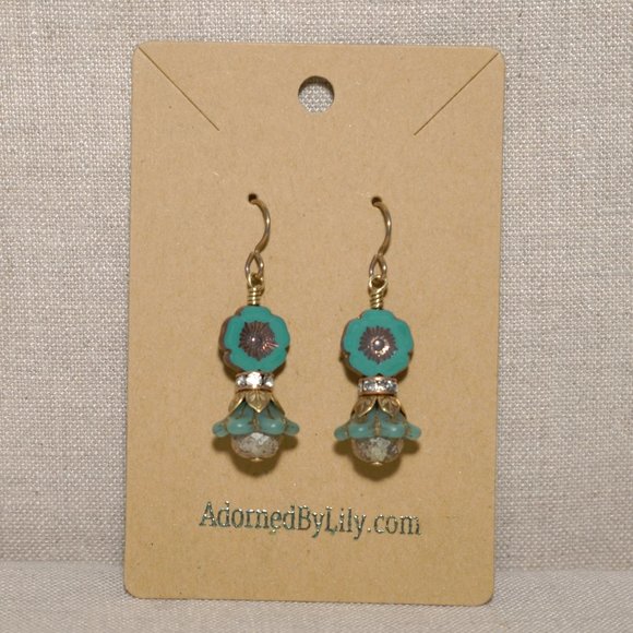 Hand Crafted Handmade Earrings Teal Victorian-Inspired Flower Hibiscus E… - Picture 2 of 5